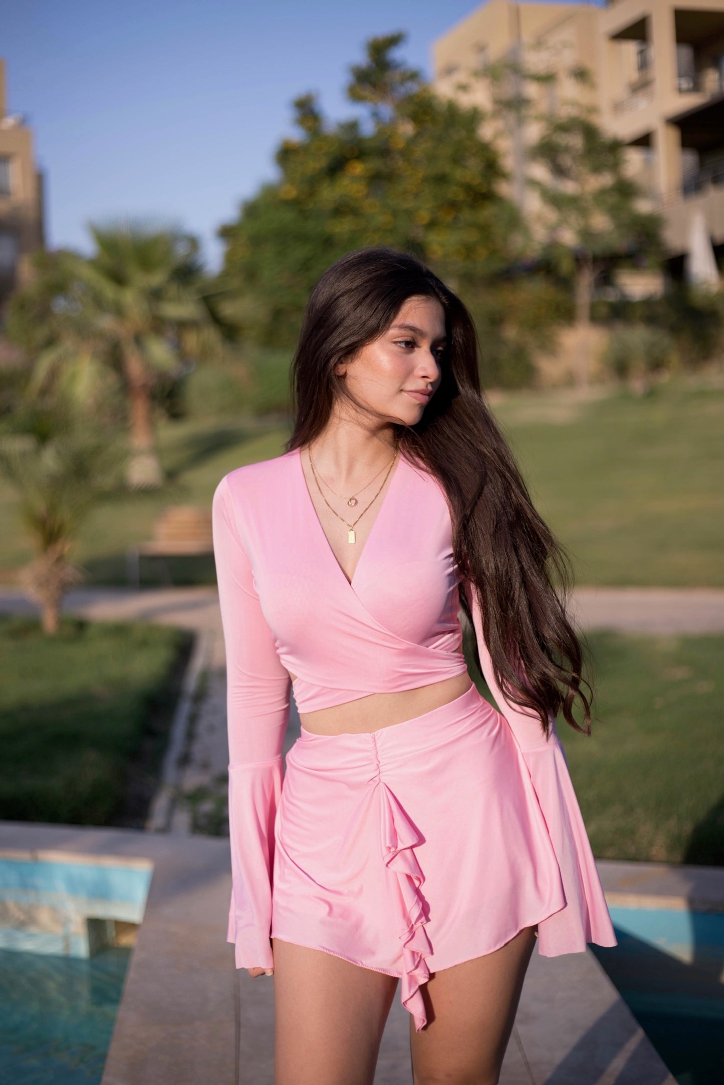 The Pink Wrap Up Top And Ruffled Skirt Set