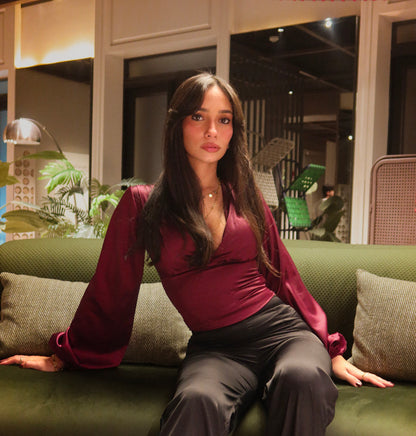 The Selene Tops In Burgundy Satin