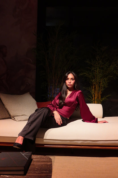 The Selene Tops In Burgundy Satin