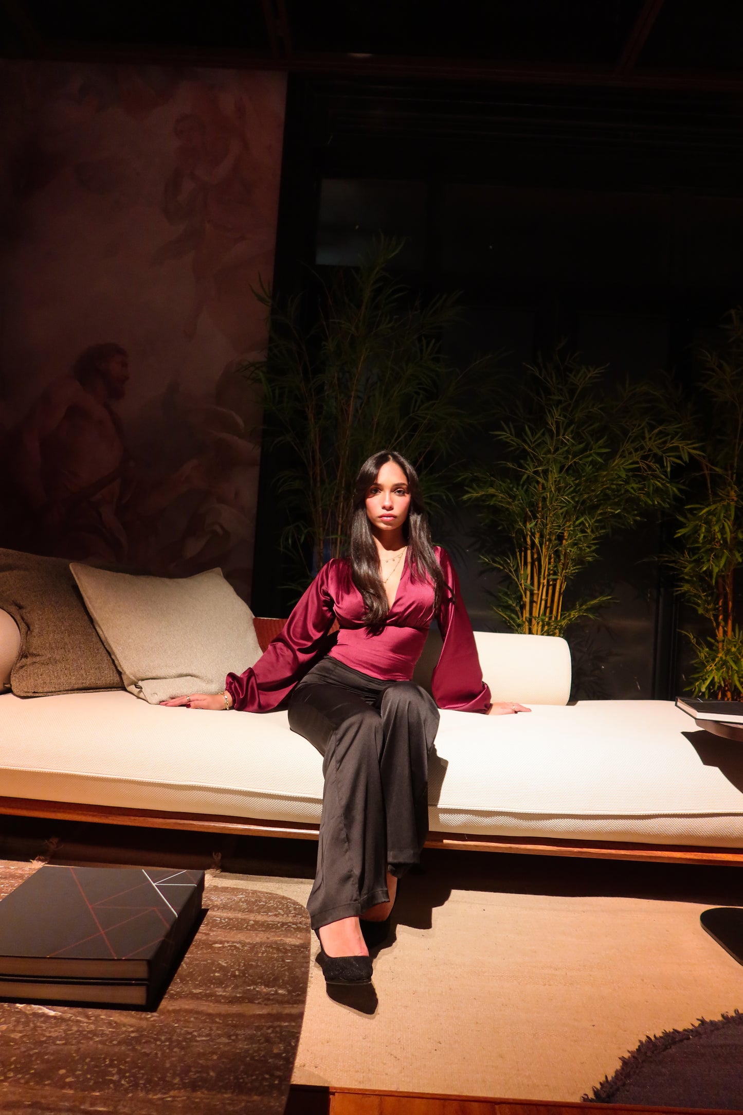 The Selene Tops In Burgundy Satin